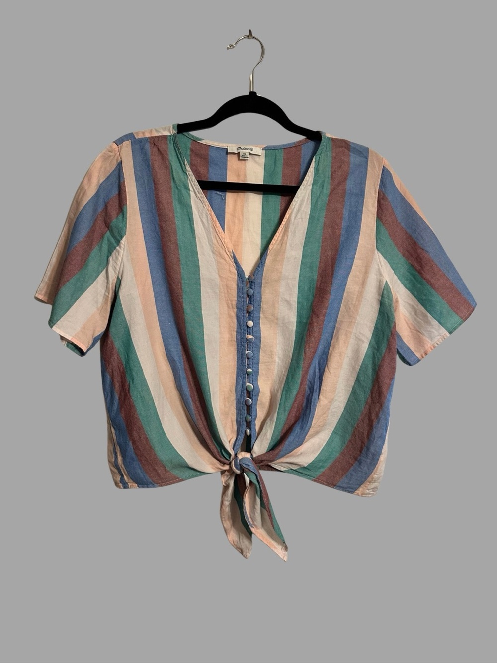 Madewell Multi-Stripe Tie-Front Button Top - Blue/Green/Brown/Cream
